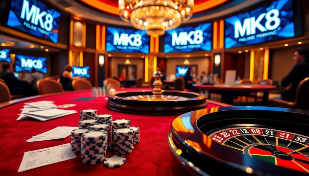 Engaging scene of luxury gambling showcasing MK 8, poker chips, and a roulette wheel.