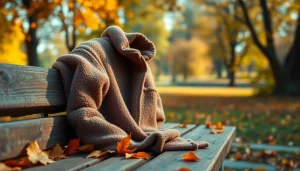 Fleece jack in warme omgeving met herfstbladeren rond het houten meubel.