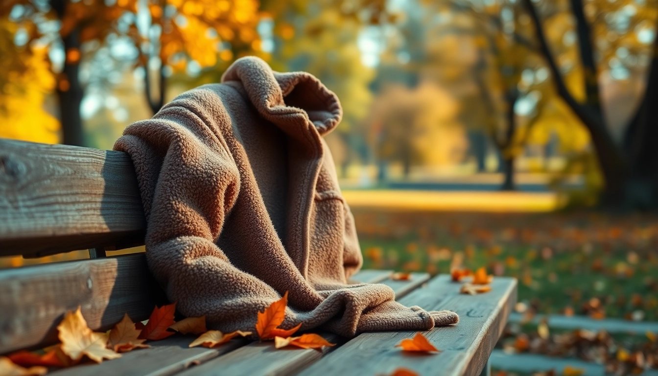 Fleece jack in warme omgeving met herfstbladeren rond het houten meubel.