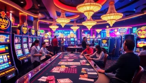 Engaging casino scene highlighting link alternatif Naga169 terbaru, with vibrant slot machines and excited players.