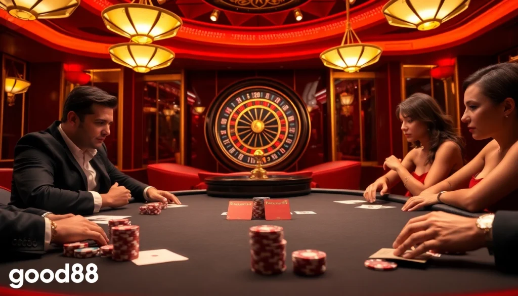 Experience high-stakes poker action at good88 with premium chips and vibrant ambiance.