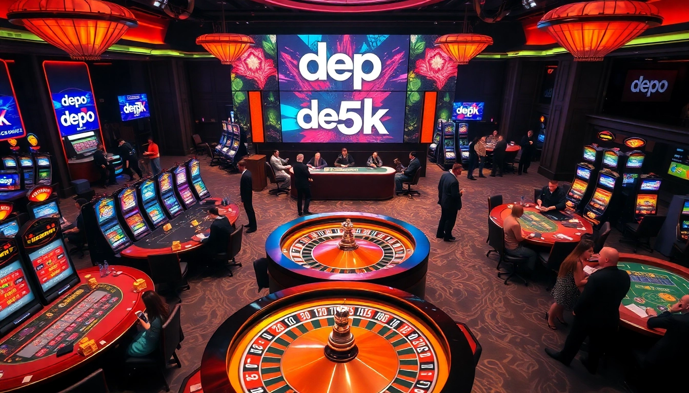 Experience thrilling gambling with depo 5k showcased amidst vibrant casino tables and slot machines.