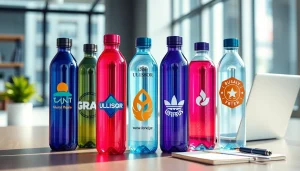 Stilingos plastikinės gertuvės su UV spauda, demonstruojančios ryškius dizainus modernioje biuro aplinkoje.