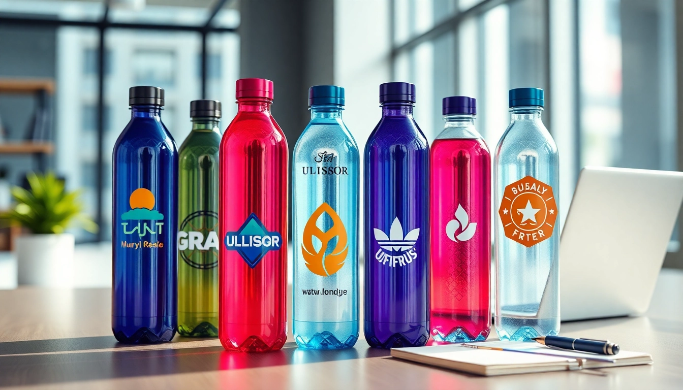 Stilingos plastikinės gertuvės su UV spauda, demonstruojančios ryškius dizainus modernioje biuro aplinkoje.