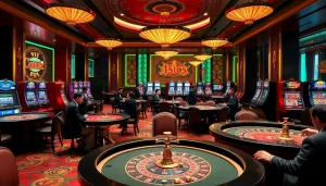 Engaging gambling scene showcasing nhà cái 789club with casino tables and excited players.