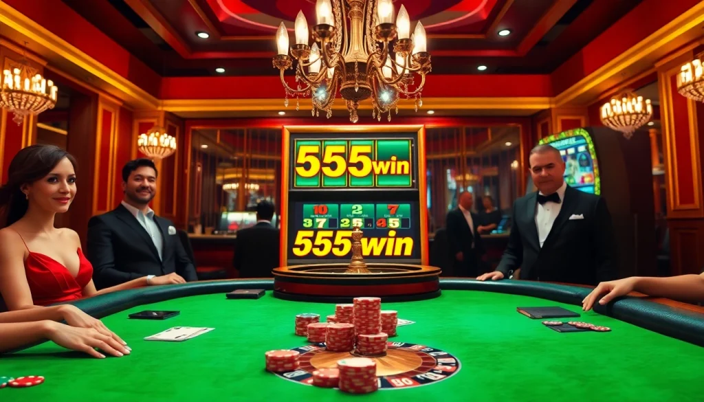 Players strategizing at a high-stakes poker table in a luxurious casino featuring 555win.