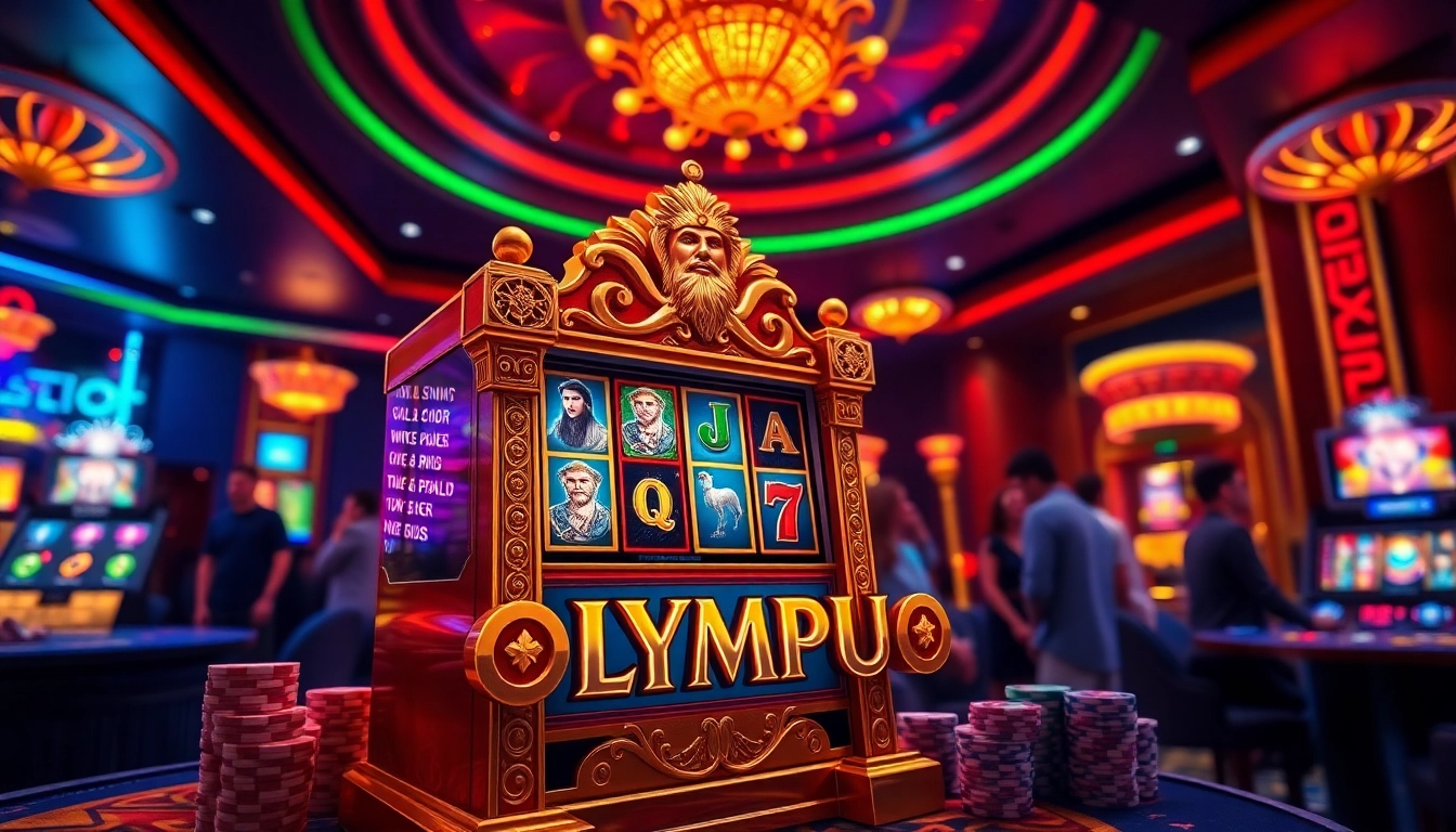 Engaged gamblers playing the Olympus slot machine in a luxurious casino environment.